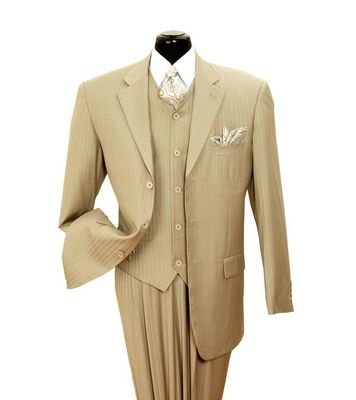 Mens Fancy Wool Feel Suit 3 pc w/Vest 3-Button Black/striped Tan