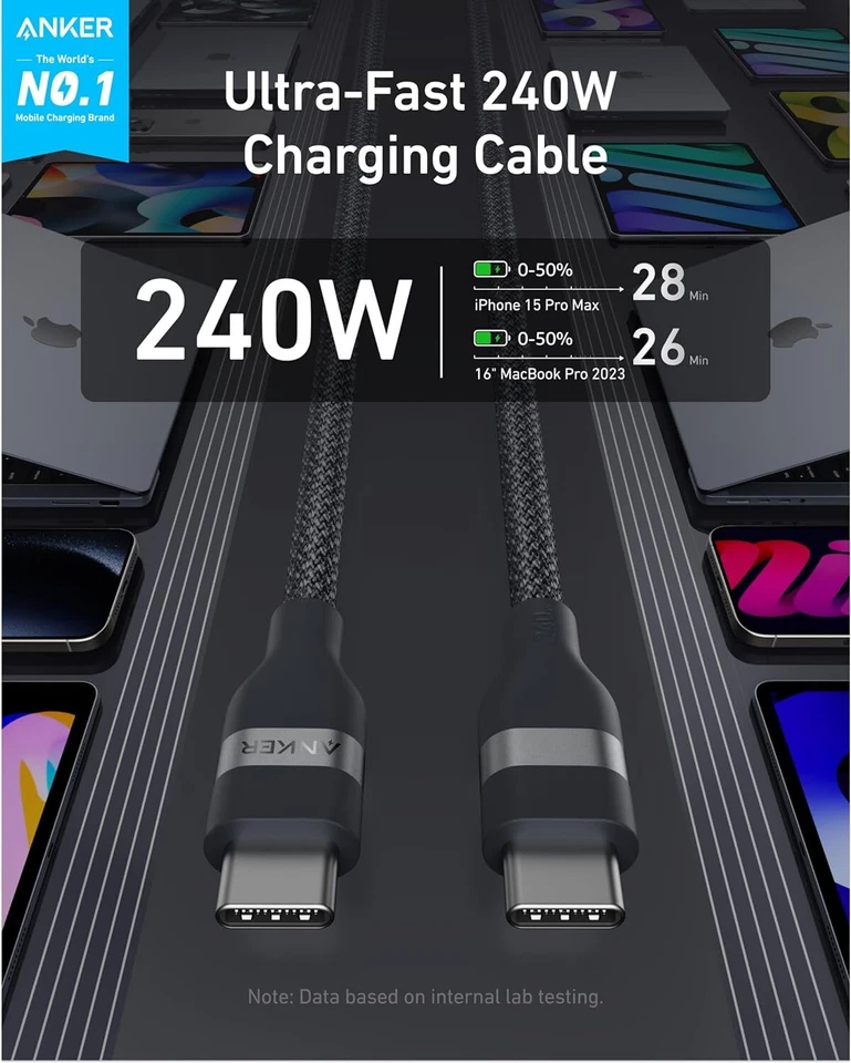 Anker 240W USB C to USB C Cable 3/6ft Upcycled-Braided Charging Cord Heavy Duty - Image 2 of 4