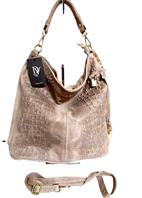 ITALIAN X-LARGE SHOULDER BAG LEATHER & SUEDE CROCO EMBOSSED; DIVA- MADE IN ITALY