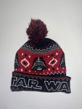 KIDS STAR WARS DARTH VADER SNOWFLAKE RED POM BEANIE WINTER HAT CHRISTMAS EUC