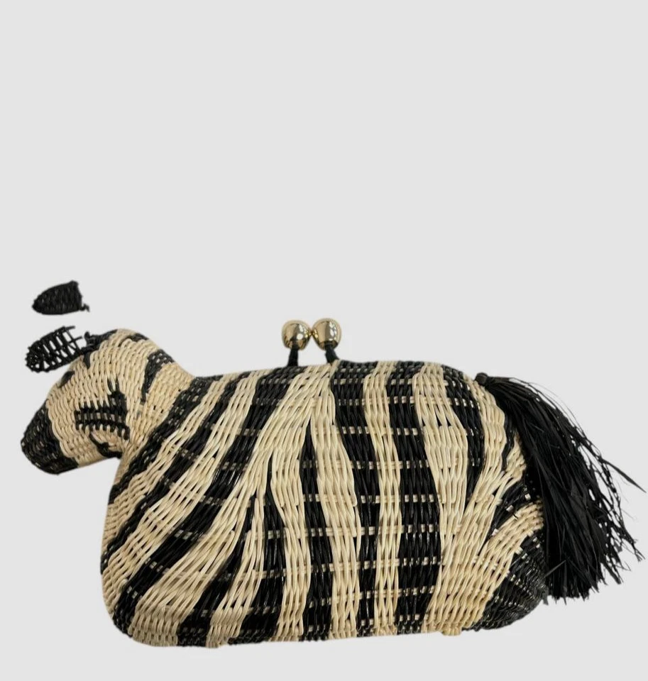 Serpui Women's Black Beige Stripe Zaya Zebra Straw Clutch Bag.