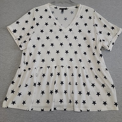 Lane Bryant Top Women 26/28 White Blue Stars Peplum Sheer See Thru Short Sleeves