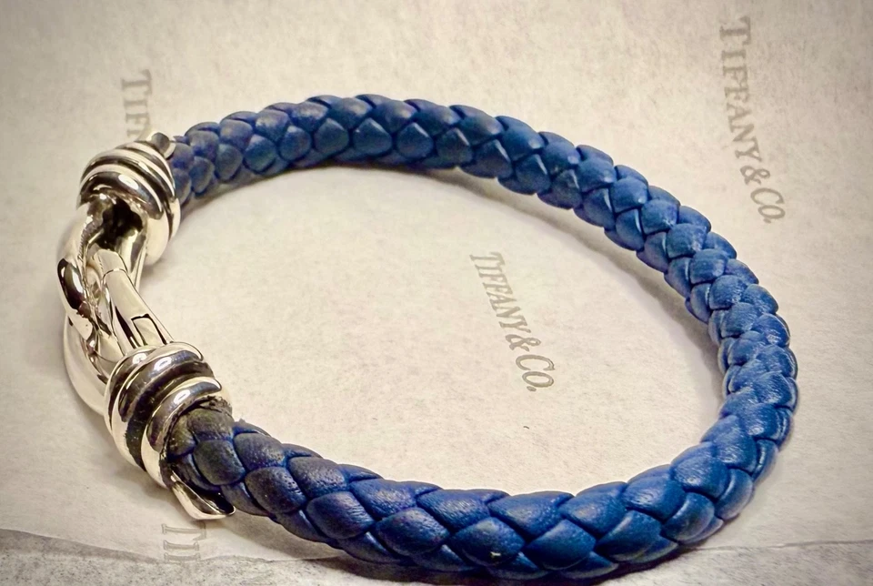 Tiffany & Co Paloma Picasso Men’s Leather Knot Bracelet 8" Sterling Silver Navy - Image 3 of 4