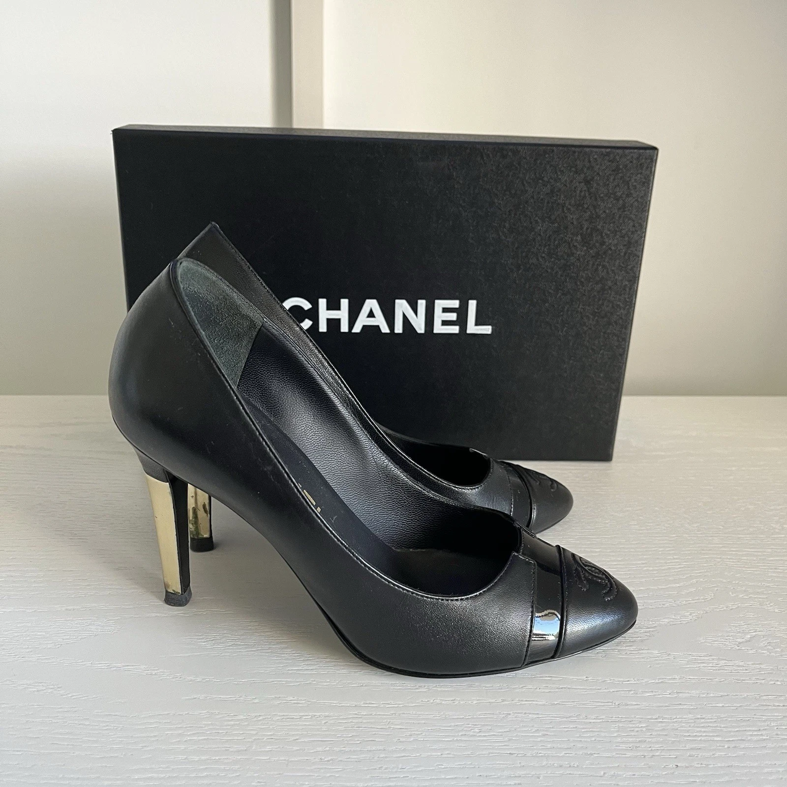 Chanel — AUTHENTIC CHANEL BLACK LEATHER CC CAP TOE PUMPS SHOES SIZE 36.5 $825