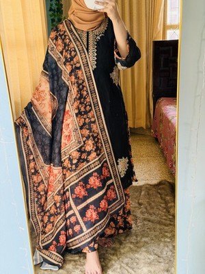 Black Floral Embroidered soft chiffon  Salwar Kameez Women's Traditional Outfit