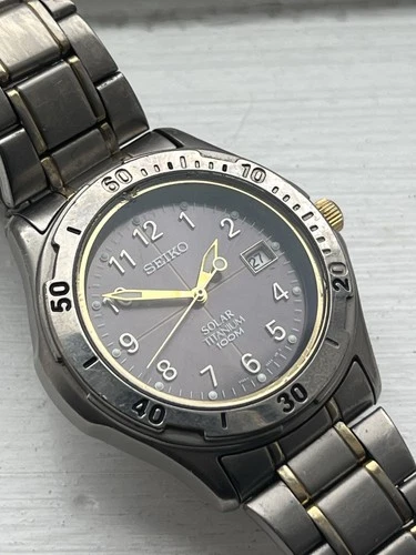 Seiko Solar Titanium Mens Vintage Watch Date Military Dial Silver Grey