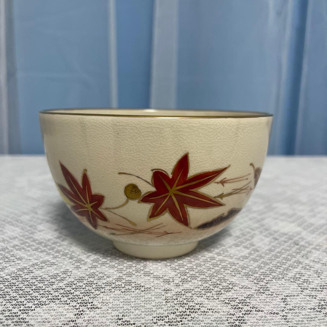 Kyoto Ware Kawazoe Juraku Tea Bowl Ceramic Autumn Leaves Bird Used