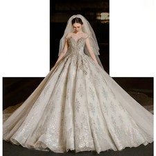 Exquisite Ball Wedding Dresses Sequined Applique Off Shoulder Gowns Court Train