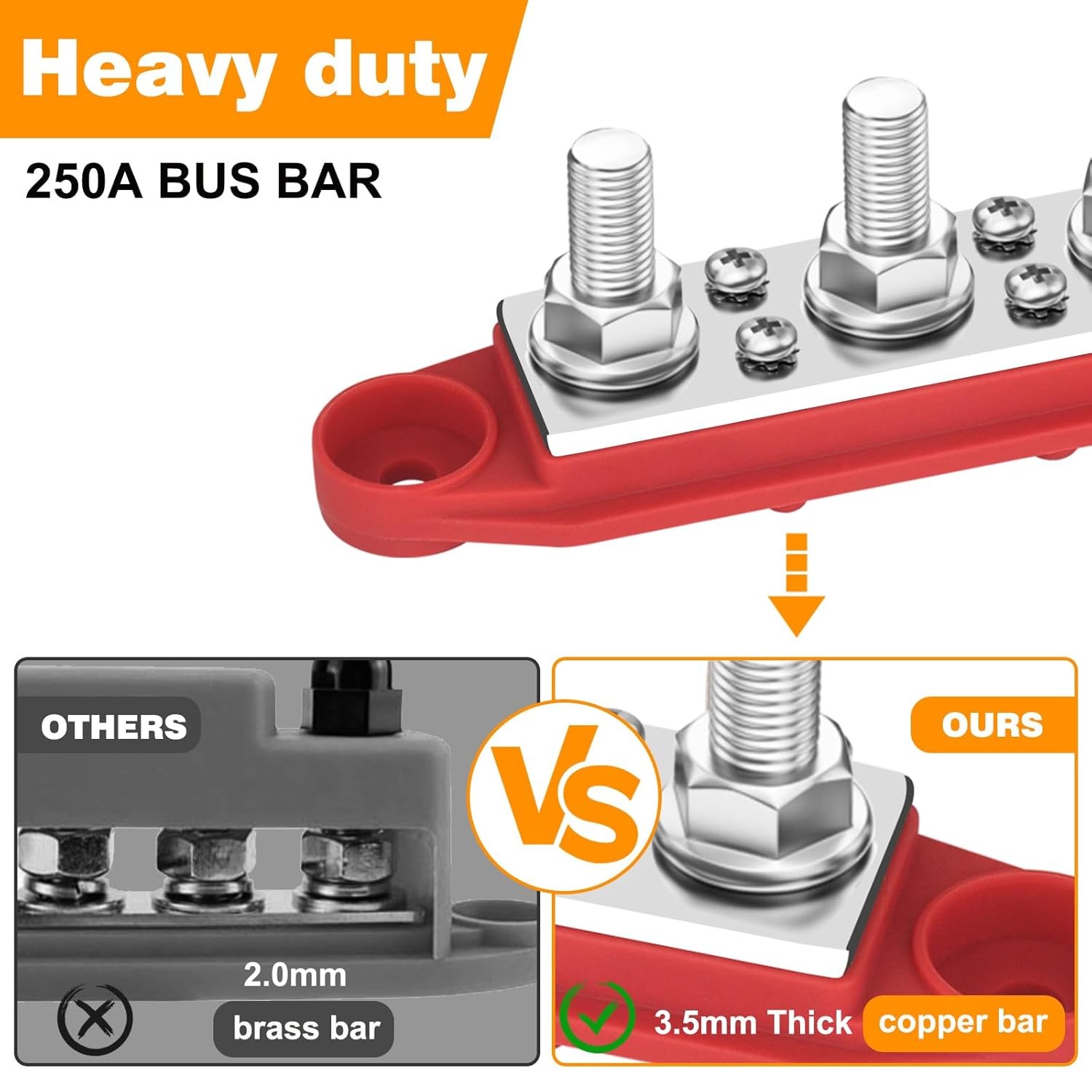 Power Distribution Block 12V 250A Bus Bar 4 x 5/16" Stud Marine, 6 Red, Black 