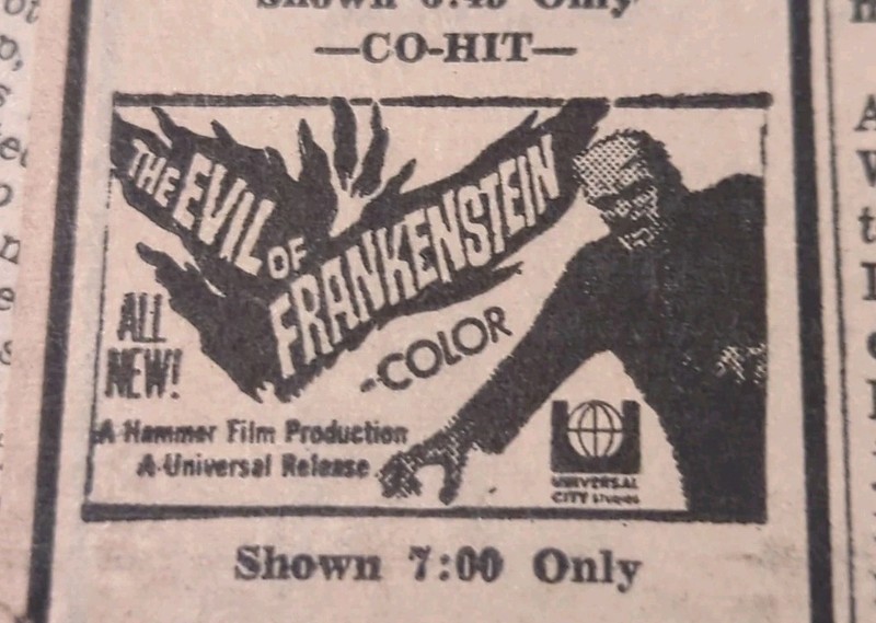 APR 8, 1965 NEWSPAPER PAGE #2208- THE EVIL OF FRANKENSTEIN + WAR OF THE ZOMBIES
