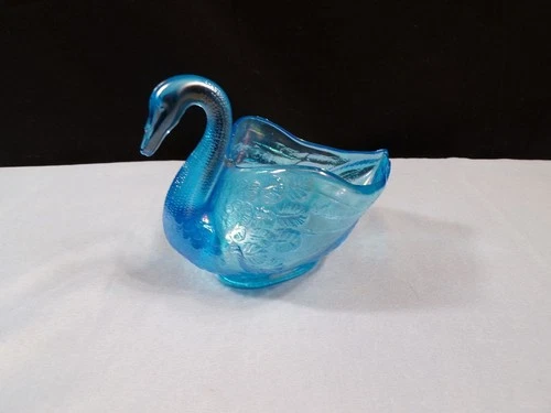 Fenton Celeste Blue Carnival Glass Open Back Swan Figurine Trinket Dish INV3