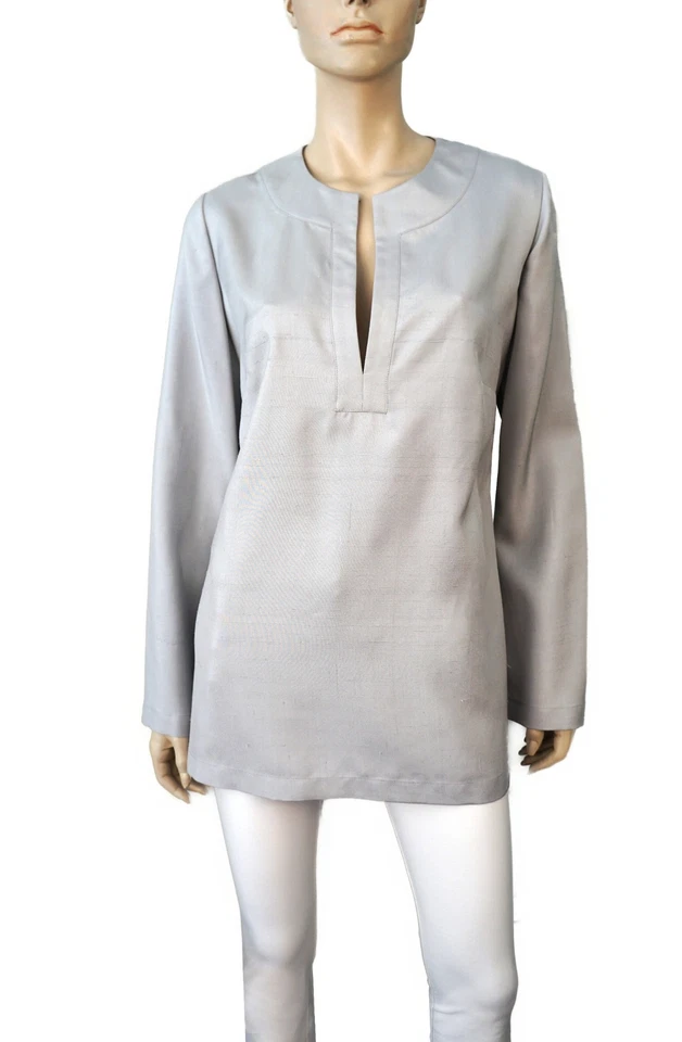 LUCY DE CASTENOU of BEVERLY HILLS Custom Made Oyster Gray Dupioni Silk Tunic L - Image 2 of 4