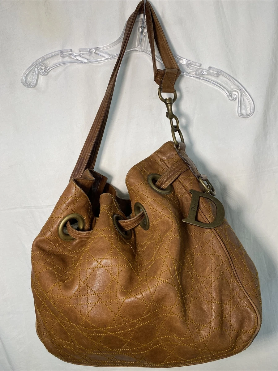 Christian Dior Purse Brown Leather Large Drawstring Quilted Bucket