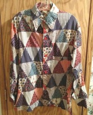 VTG 70s Mens Jantzen Long Sleeve Button Shirt Pointed Collar Medium Patch work