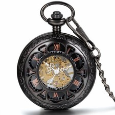 Retro Hollow Carved Roman Numberal Skeleton Hand-winding Mechanical Pocket Watch