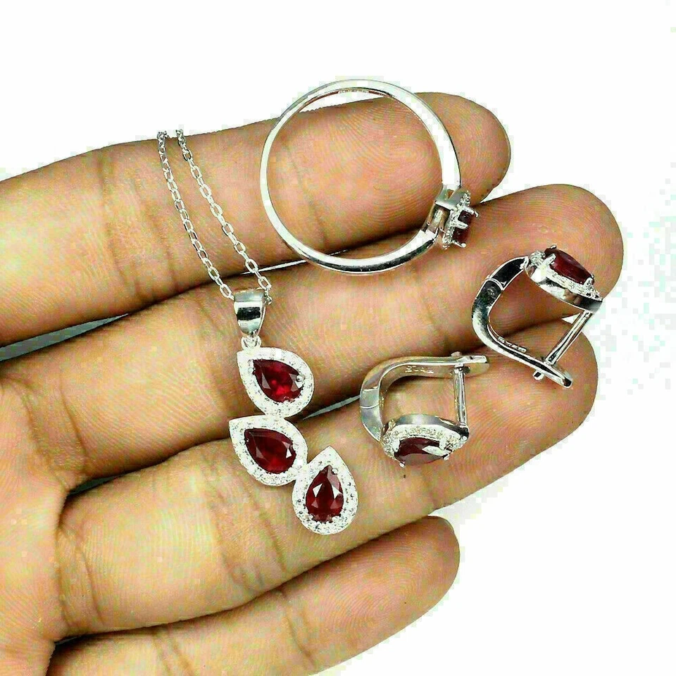 Silver Ruby Pendant Earring Ring Genuine Gems Solid Sterling Size J 1/2 US 5 - Image 2 of 4