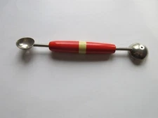 Antique Vintage Double Scoop Melon Baller Primitive Kitchen orange Wooden Handle