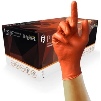 UNIGLOVES 1 BOX OF 100 PRO.TECT Orange HD – HEAVY DUTY Orange Nitrile Gloves