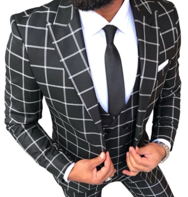 Designer Business Schwarz Kariert Herrenanzug Sakko Weste Hose Tailliert Slimfit