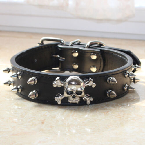 Spiked Studded Skull Leather Pet Dog Collars for Medium Large Breed Pitbull - Picture 1 of 12