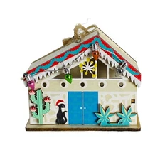 World Market Laser Cut Wood Mid Century Modern House w/Cat Christmas Ornament