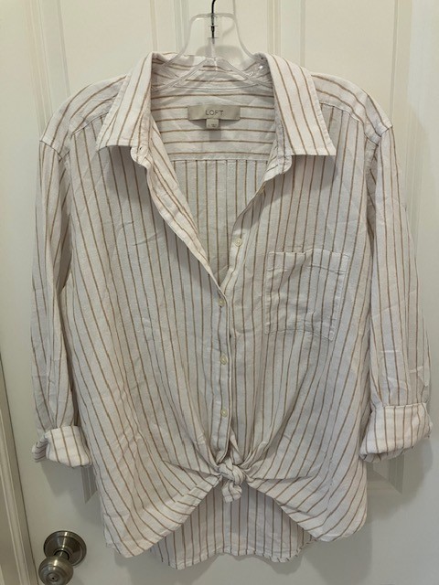 LOFT Women's White/Tan Striped Button-Down Long Sleeve Collar Shirt Size Large