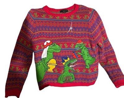 Vintage Blizzard Bay Three Wise Dinosaurs Ugly Christmas Sweater Size L Red