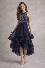 Size 1 Prom Dress Navy Blue Silver High Low Tull Formal Chic
