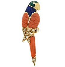 Fabergé 18K Gold Coral Diamond Enamel Parrot Brooch Pin 2.26