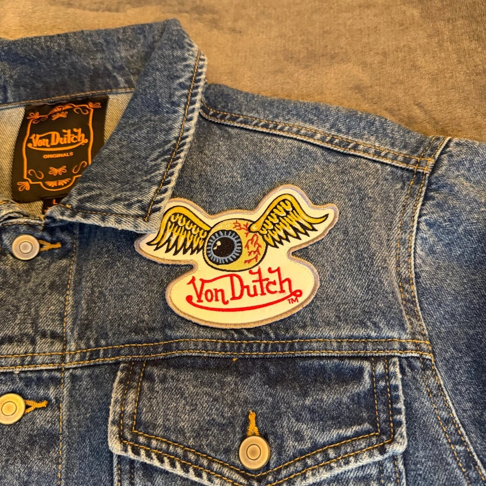 Chaqueta de mezclilla Von Dutch azul parche envejecido logotipo abotonado para hombre grande nueva con etiquetas Foto 3 de 4