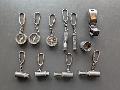 Vintage Nautical Style Keychain Lot - Brass Compasses, Spyglasses, Hourglass...