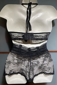 LA PERLA ITALY Black Lace Mesh Babydoll Chemise Teddy Halter Top Size 32 US