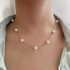 Simple Simulated Pearls Chain Beaded Necklace for Women Fashion Female White