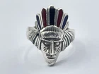 Beautiful Vintage 825 Silver & Enamel Indian Chief Head Ring Size O