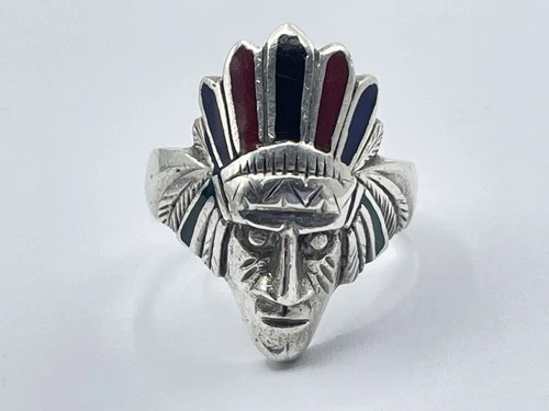 Beautiful Vintage 825 Silver & Enamel Indian Chief Head Ring Size O