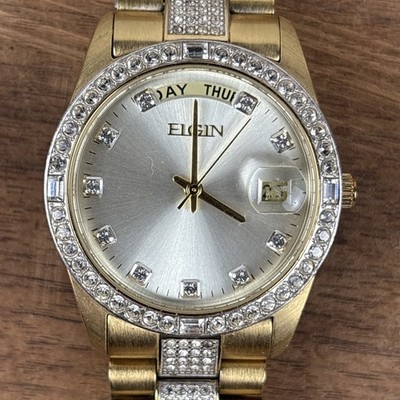 Elgin Gold Toned Crystal Bezel Men's Watch FCM094 for sale online