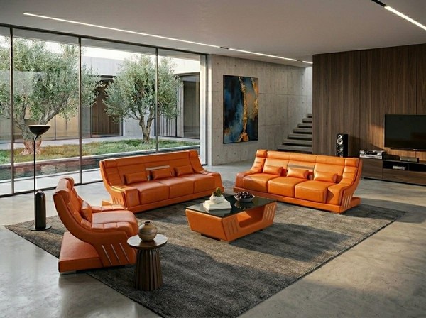 Leder Sofa Set 3+3+1 Modern Orange Couch Design Led Polstergarnitur-image