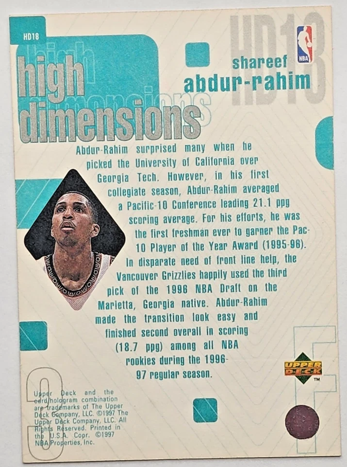1997 Upper Deck High Dimensions Shareef Abdur-Rahim Grizzlies RC Rookie /2000 - Image 2 of 2