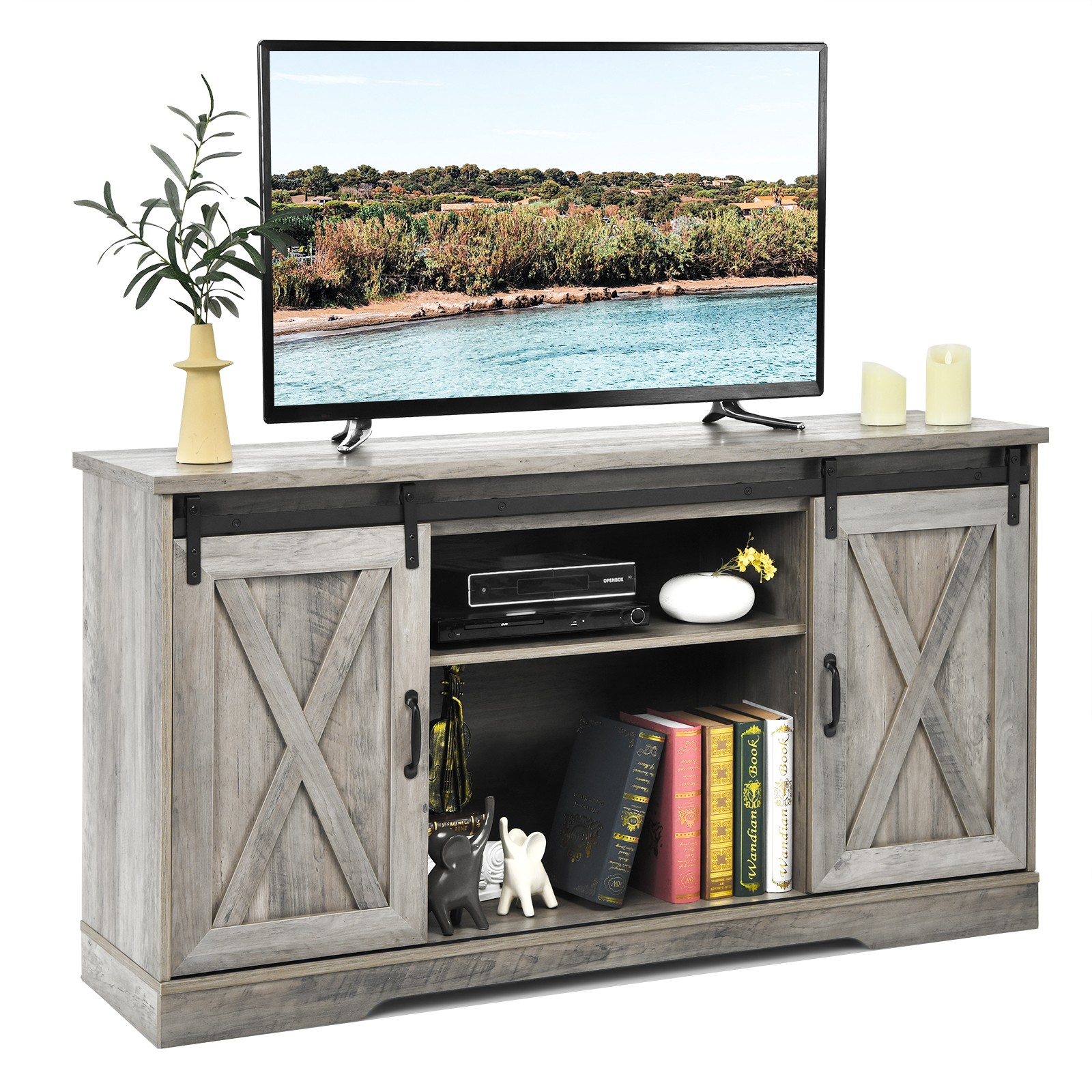 Costway 59" Farmhouse TV Stand Sliding Barn Door Cabinet w/ Adjustable Shelf