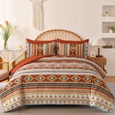 Queen Size Comforter Set Boho,Burnt Orange Bed in a Bag Queen Striped Bedding...