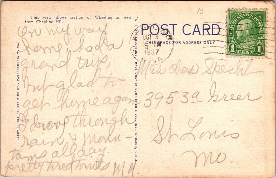 Wheeling WV Island Aerial Birds Eye View Ohio River 1935 linen postcard