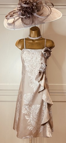 Debut UK 10/12 Mocha/ Gold Jaquard Floral Satin Midi Strapless Occasion Dress - Picture 6 of 18