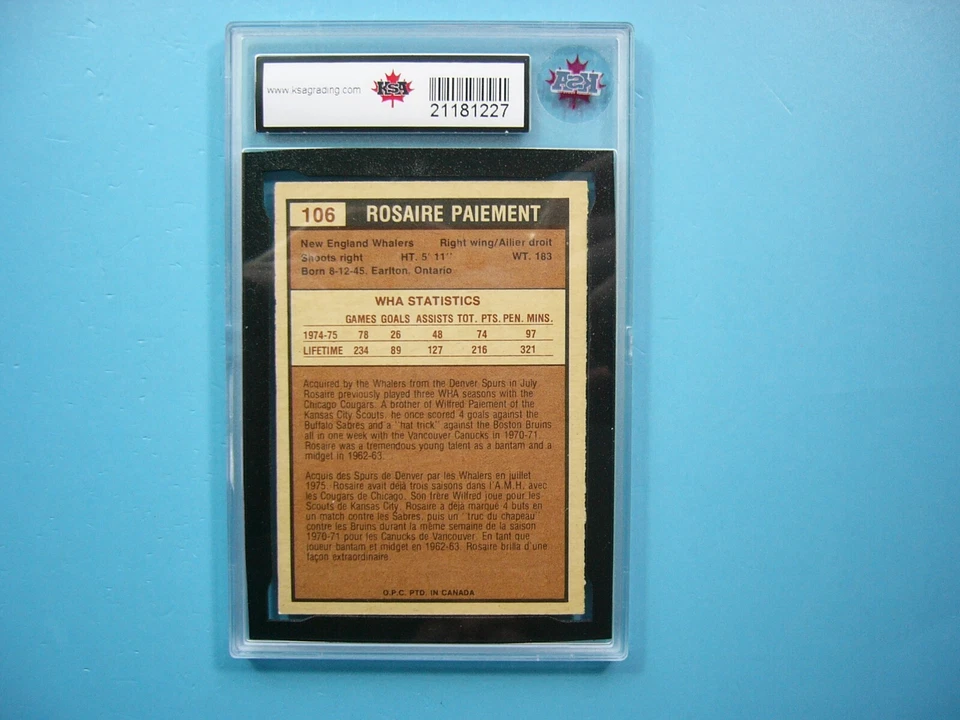 1975/76 O-PEE-CHEE WHA HOCKEY CARD #106 ROSAIRE PAEIMENT KSA 8.5 NM/MINT+ OPC - Image 2 of 2