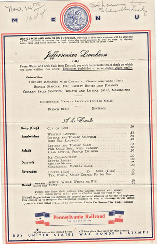 VINTAGE 1944 PENNSYLVANIA RAILROAD 'THE JEFFERSONIAN' LUNCH MENU! WWII RATIONING