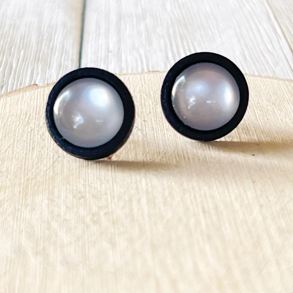 Brincos unissex de aço inoxidável de vidro cinza madeira preta natural - Imagem 3 de 4