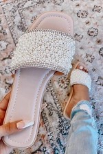 NEW Nude Open Toe Pearl Rhinestone Slide Flat Sandals Flip Flops Slipper Shoes