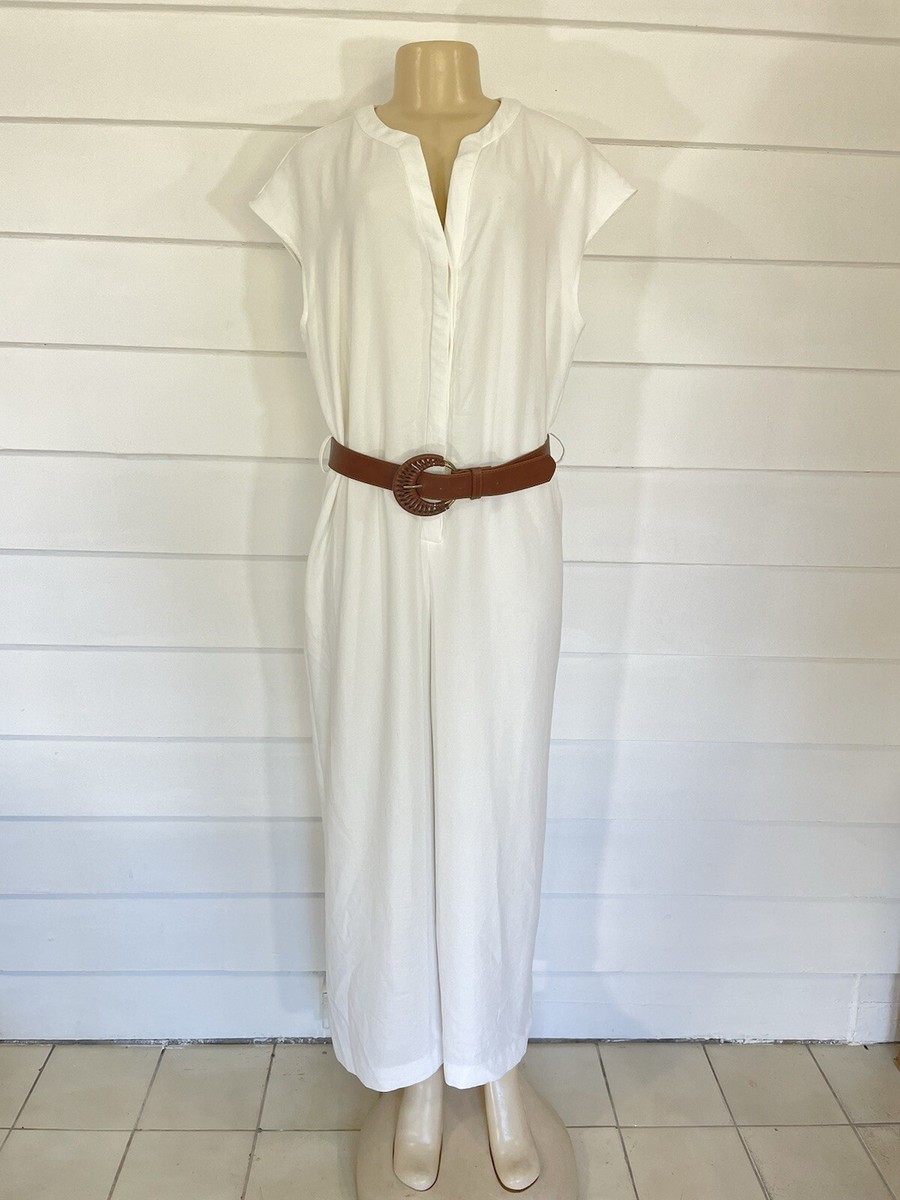 ZARA WOMAN WHITE WIDE JUMPSUIT WITH BELT WIDE LEG V NECK SIZE XL