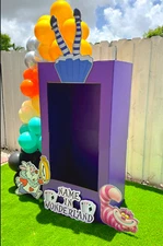 Alice in wonderland photo booth, purple photo box, prop, 3 cut outs includes