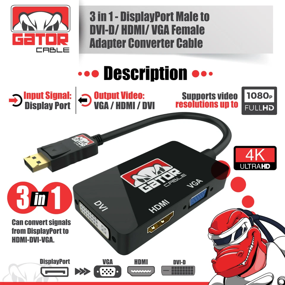 DisplayPort Male To HDMI DVI VGA Female Adapter Converter Cable 4K 1080P 4-in-1 - Image 4 of 4