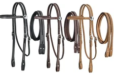 Leather Buckstitched Browband Headstall and Reins - Black,Dark Oil or Roughout